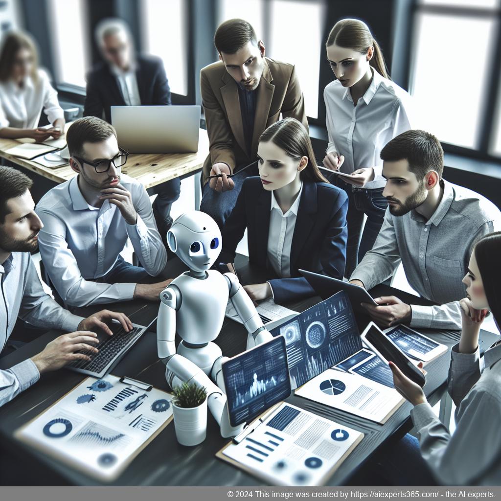 A professional team collaborating over digital devices discussing strategies for implementing a multi-department chatbot in their organization.