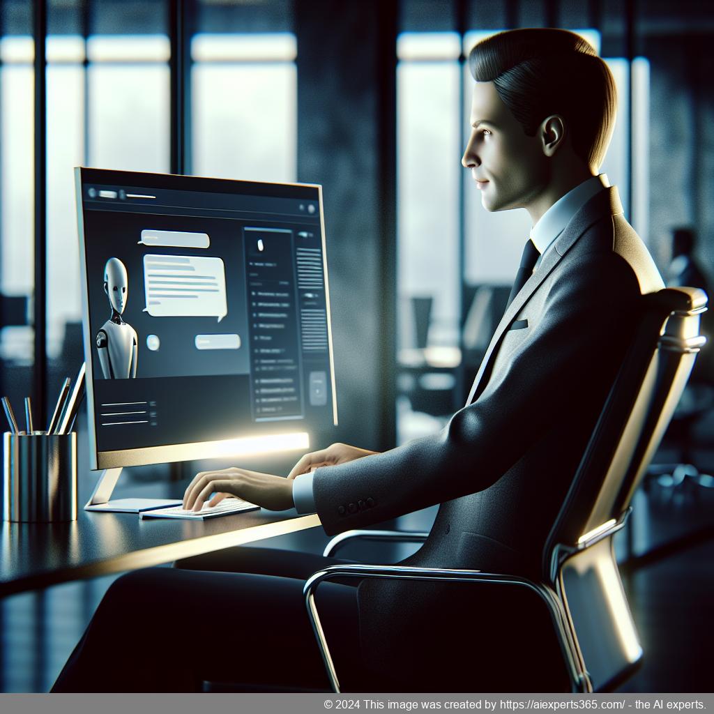 A professional looking at a computer screen displaying a chat interface powered by the best WordPress chatbot plugin.