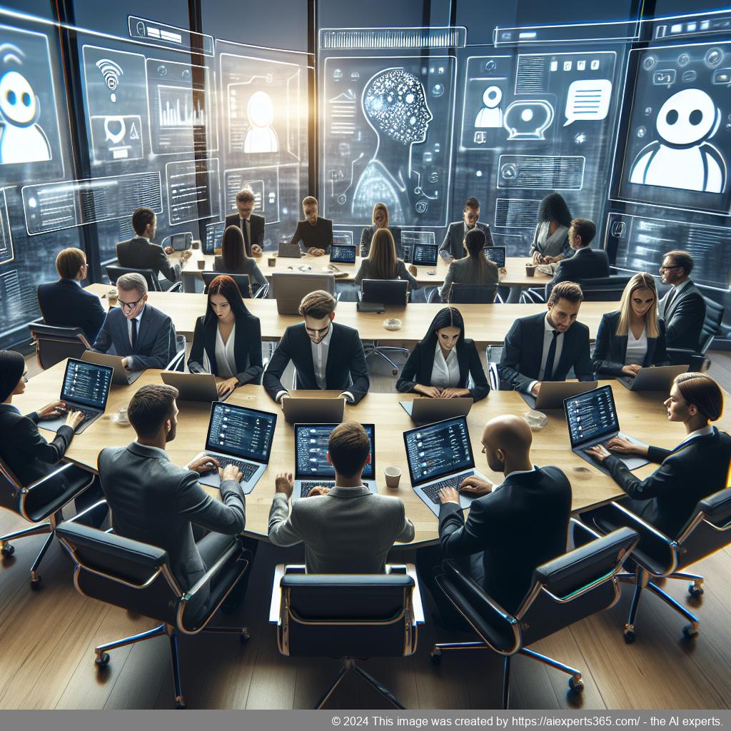 A visual representation showcasing a modern office environment where a diverse team collaborates using technology tools like chatbots on their devices.