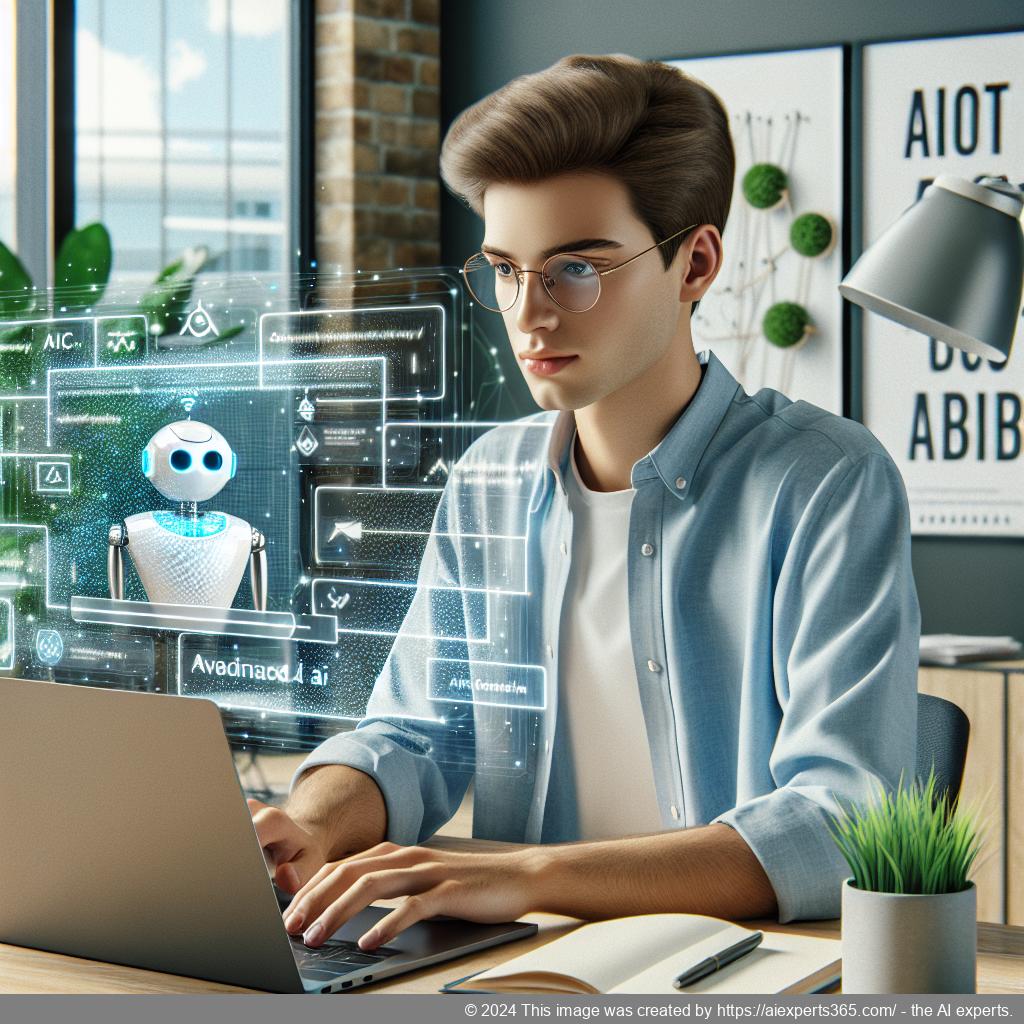 A visual representation of a professional setting showcasing a person interacting with an advanced AI-powered chatbot interface on a computer screen.