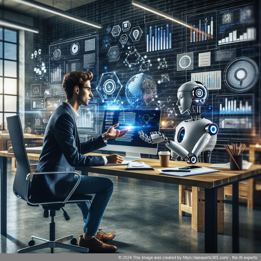 A professional setting showcasing a person interacting with a website using an AI-driven chatbot interface.