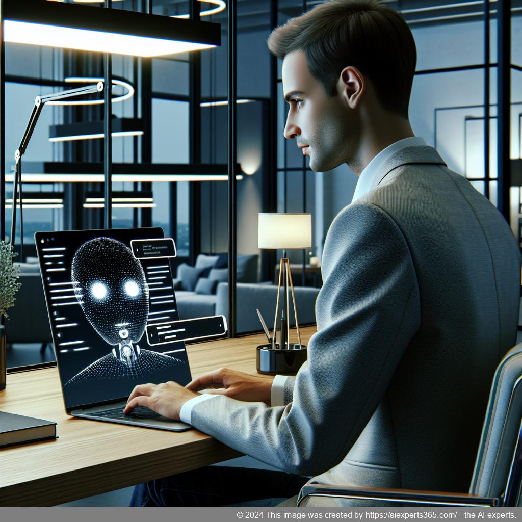 A professional-looking German or Western European individual interacting with a laptop displaying a chat interface of a WordPress chatbot plugin.