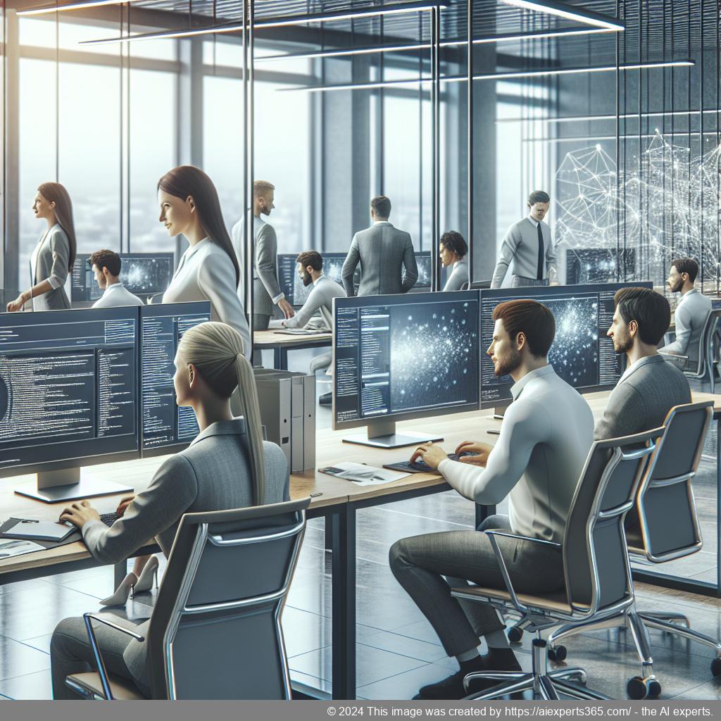 A professional setting showcasing a diverse team using a WordPress chat plugin for enhanced customer interaction.