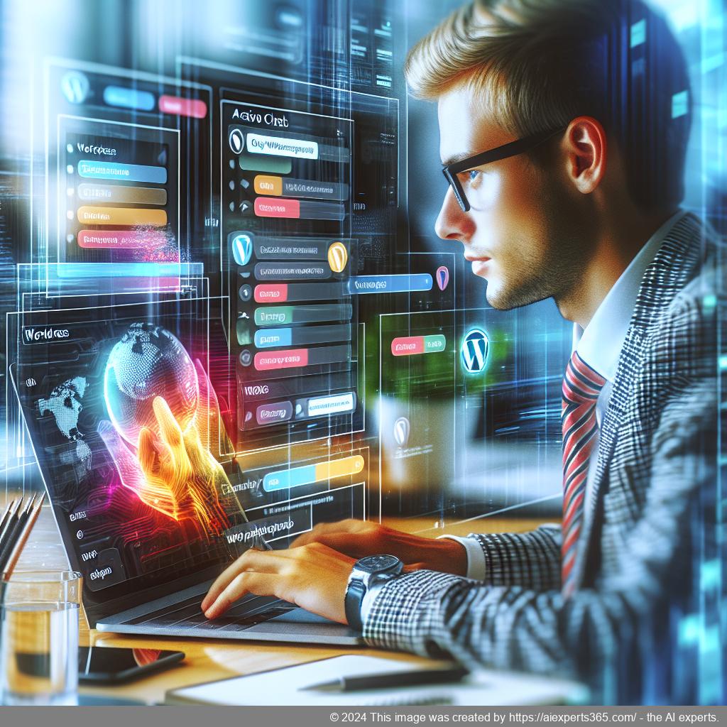 A professional setting showcasing a person using a laptop with an active WordPress chat plugin interface visible on screen.