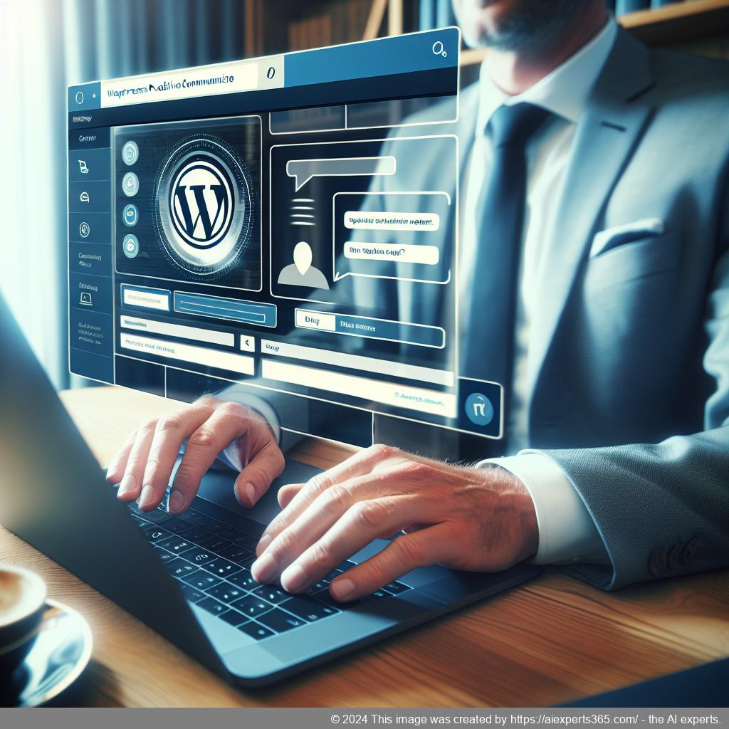 A professional setting showcasing a person engaging with customers through a WordPress chat plugin on a laptop.