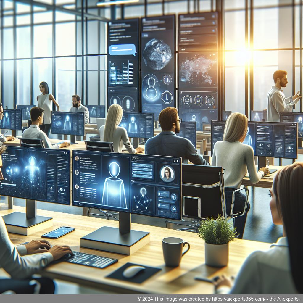 An illustration depicting a professional setting where a diverse team utilizes Ailisha's best WordPress AI Chatbot on their devices.