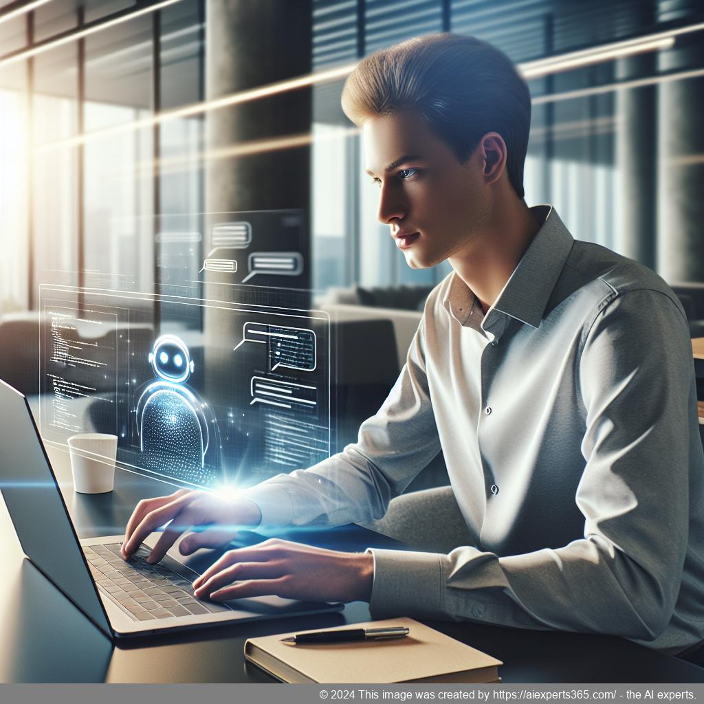 A visual representation of a person interacting with an AI chatbot on a computer screen, symbolizing enhanced customer engagement through technology.