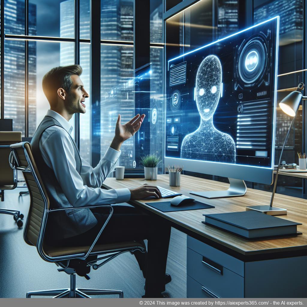 A professional looking at a computer screen displaying a chat interface powered by an AI-driven WordPress chatbot.