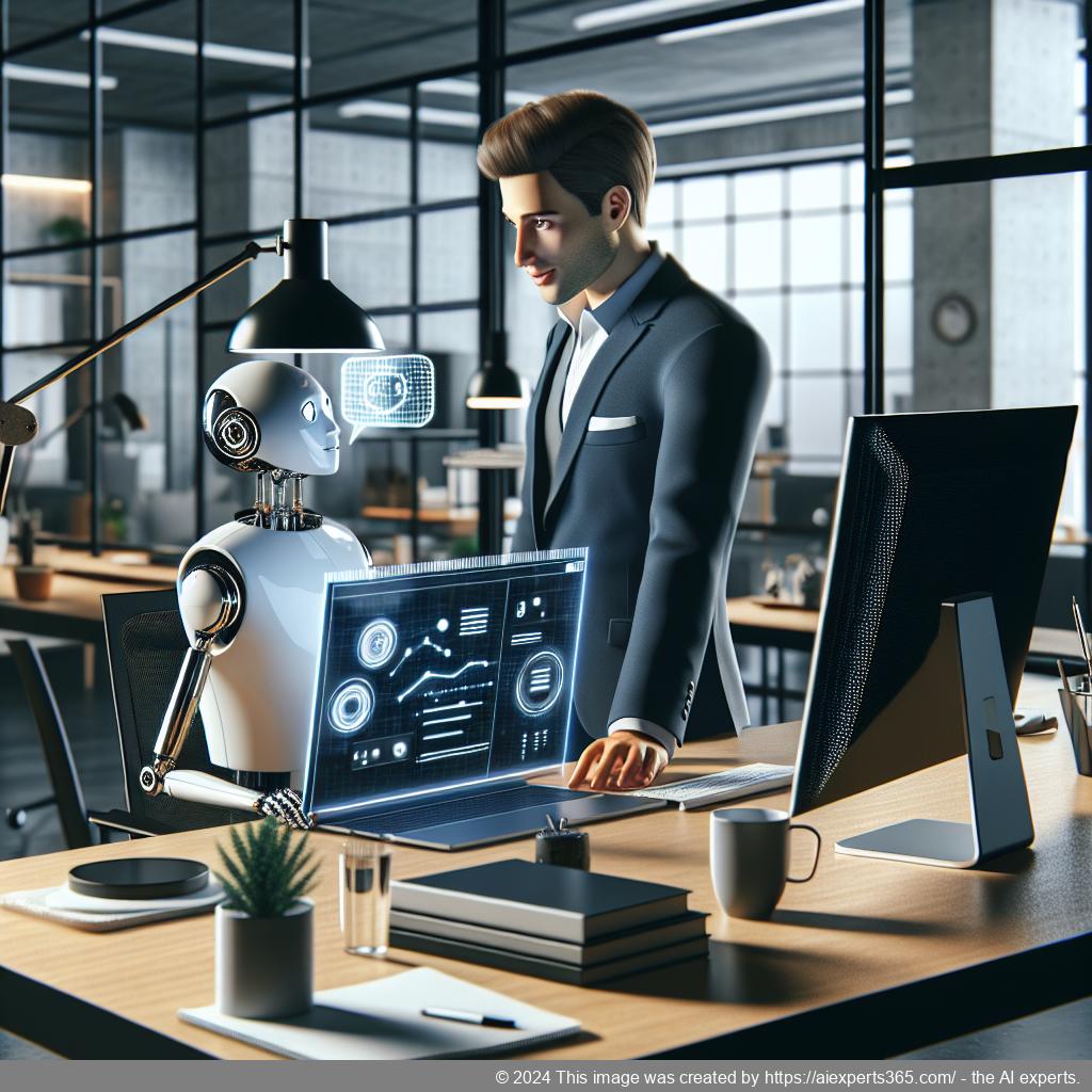 A professional setting showcasing a person interacting with an AI-powered chatbot on a laptop screen, representing efficient online communication.