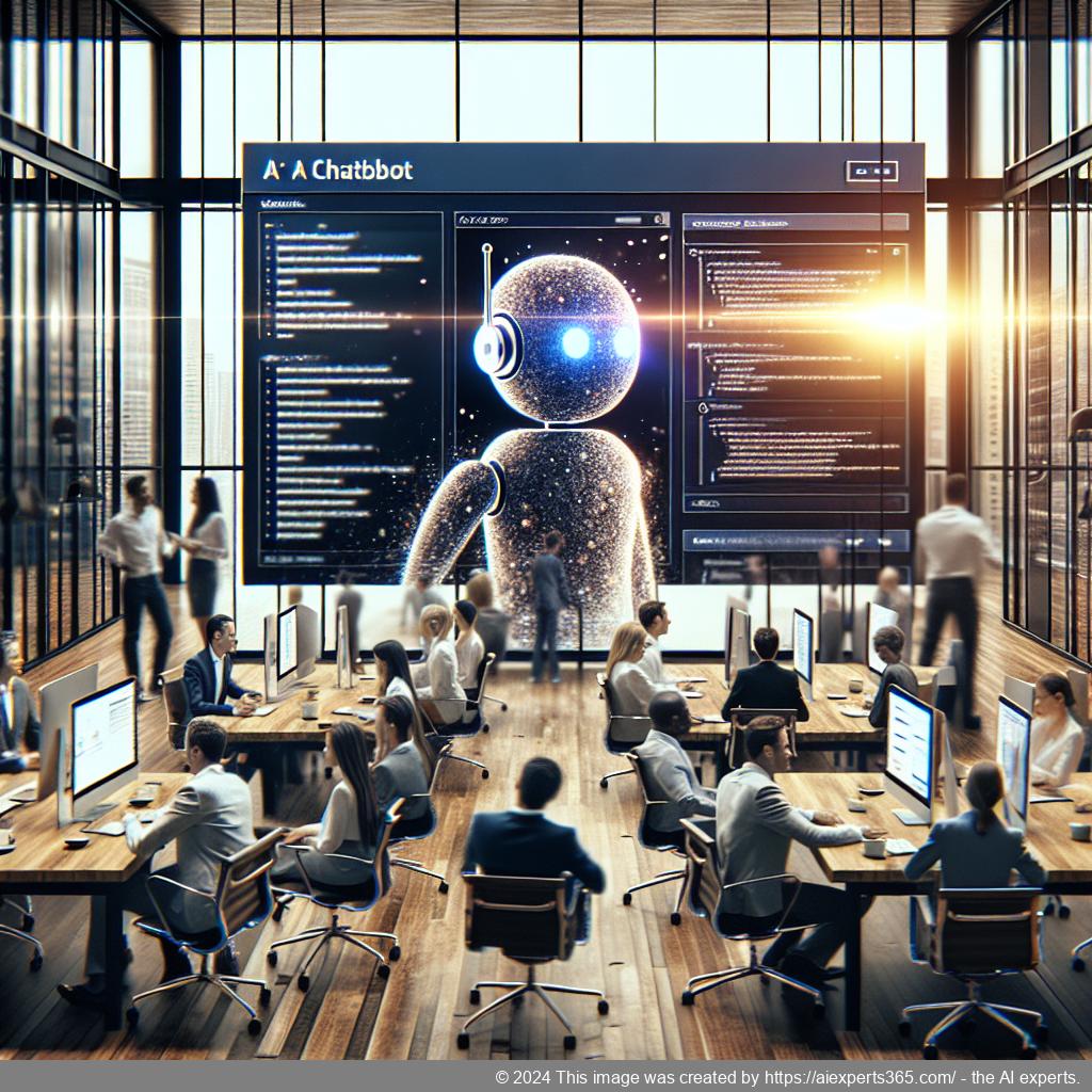 A professional setting showcasing a diverse group of individuals engaging with a computer interface featuring an AI-driven chatbot on a WordPress website.