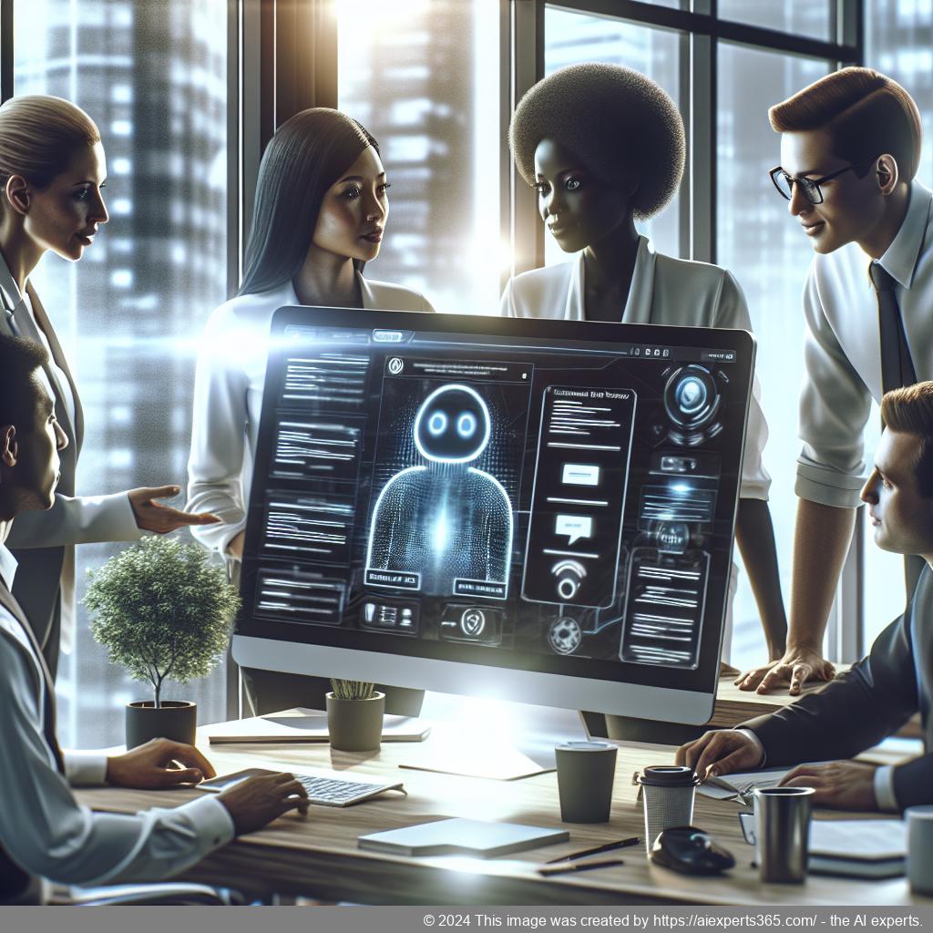 A modern office scene featuring a diverse group of professionals interacting with a computer displaying a chatbot interface.