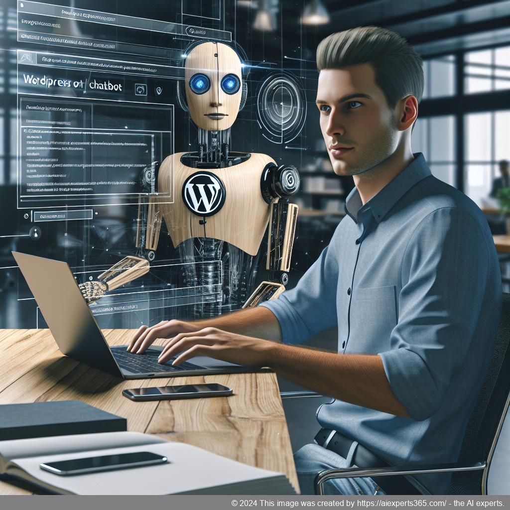A professional setting showcasing a person interacting with a WordPress chatbot on their laptop, symbolizing enhanced customer engagement through technology.