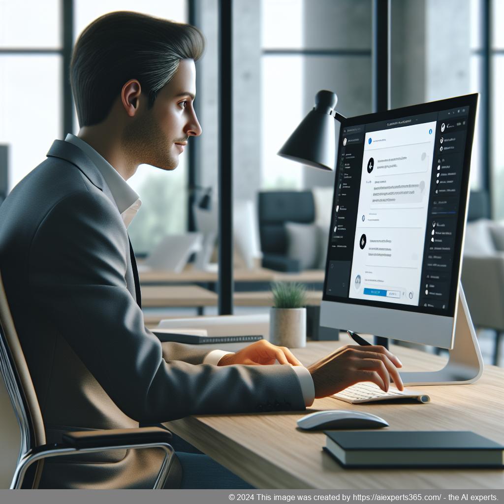 A professional setting showing a person interacting with a computer displaying a WordPress chatbot interface designed for effective customer support.