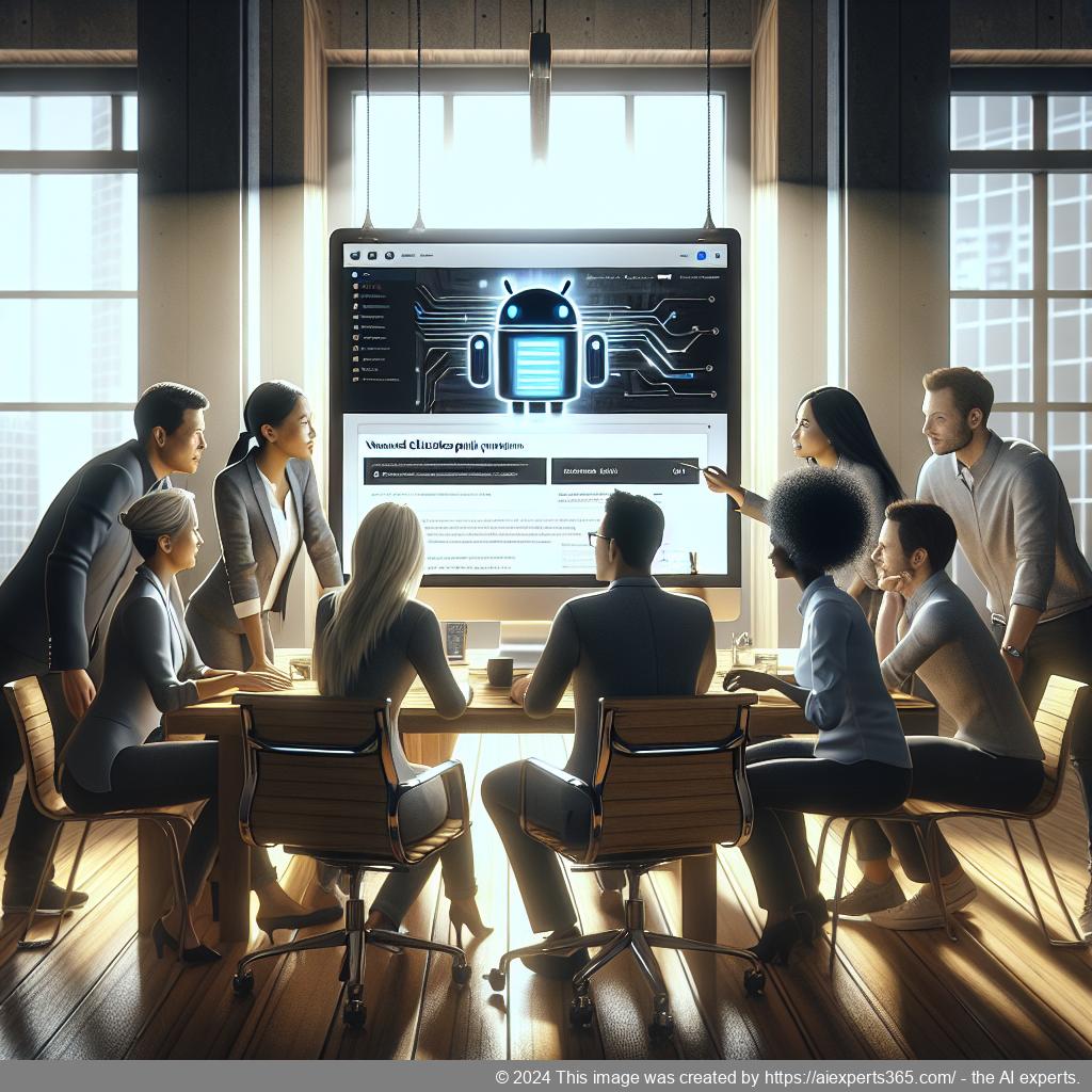 A modern office setting showcasing a diverse team collaborating over a computer screen displaying a WordPress website integrated with an AI chatbot plugin.