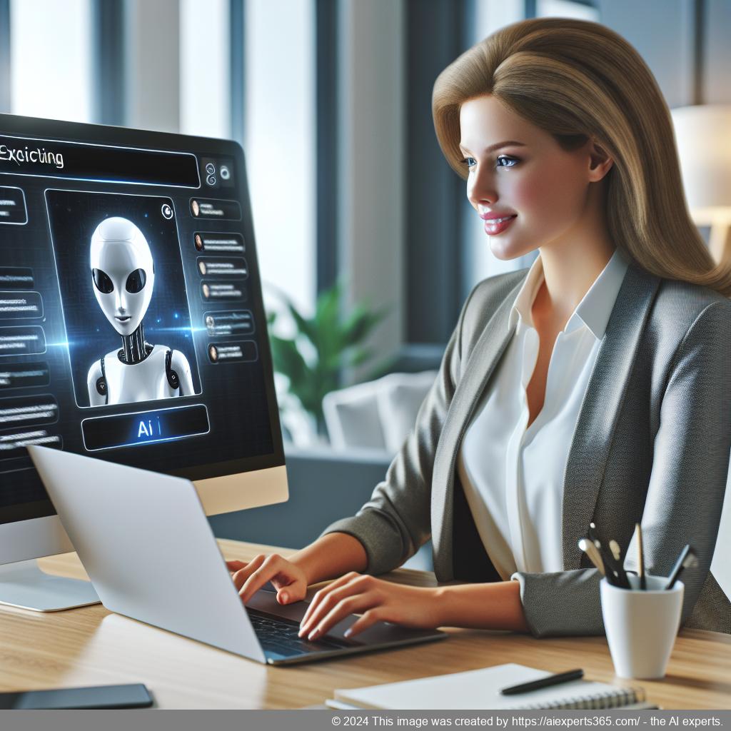 A professional-looking woman interacting with an AI-driven chatbot interface on a laptop screen showcasing the capabilities of a top-tier WordPress chatbot plugin.