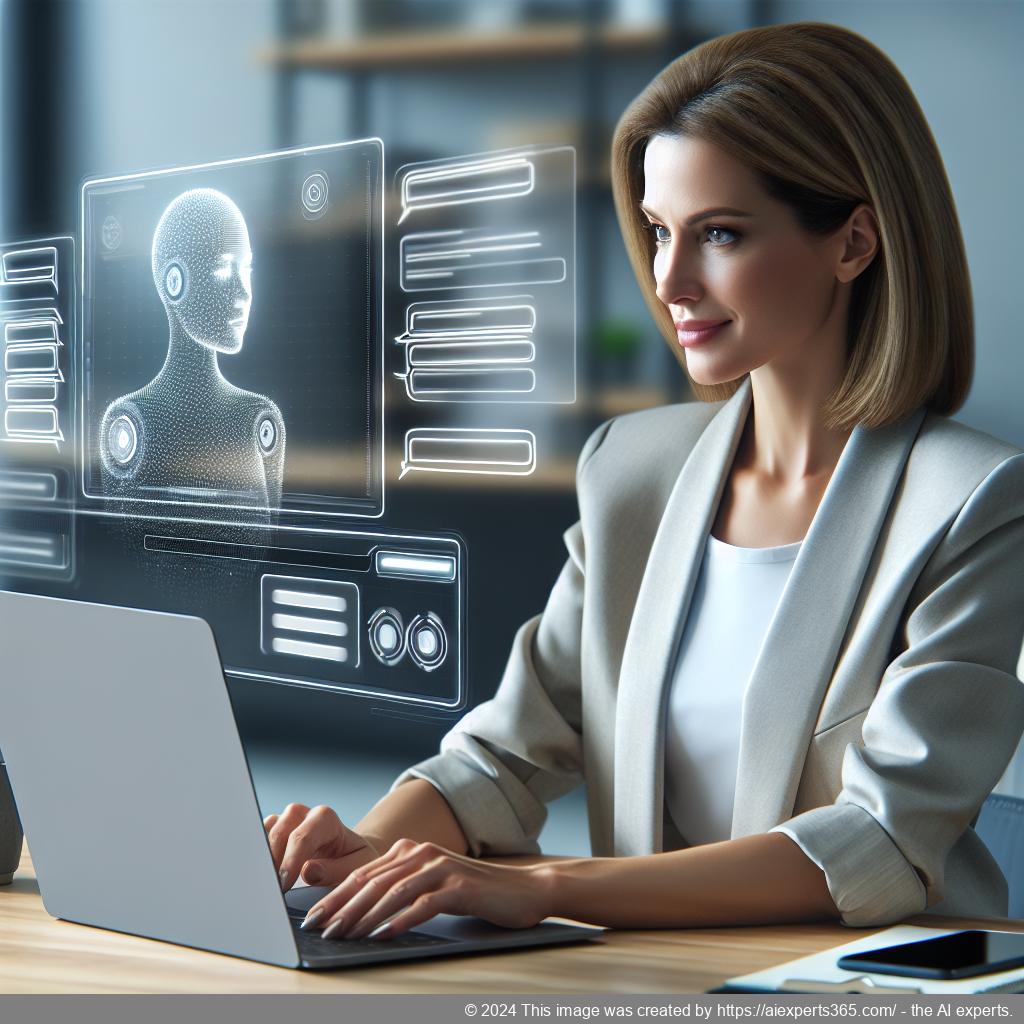 A professional-looking woman interacting with an advanced AI-powered chatbot interface on a laptop screen.