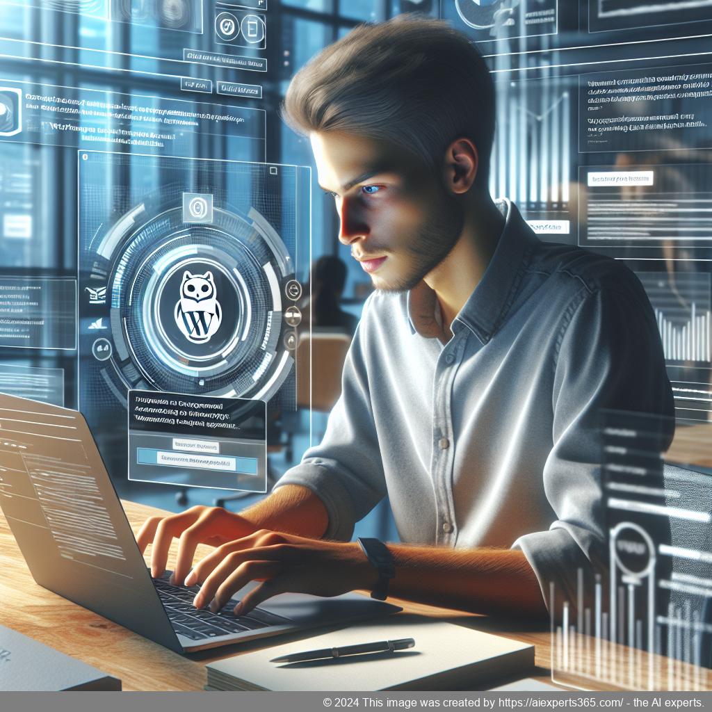 A professional setting showcasing a person interacting with a computer displaying a chatbot interface on a WordPress website.