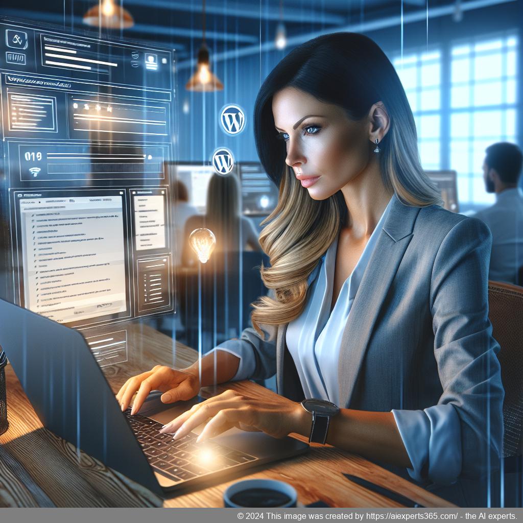 A professional-looking woman interacting with a WordPress chatbot on her laptop while analyzing data charts related to customer engagement.