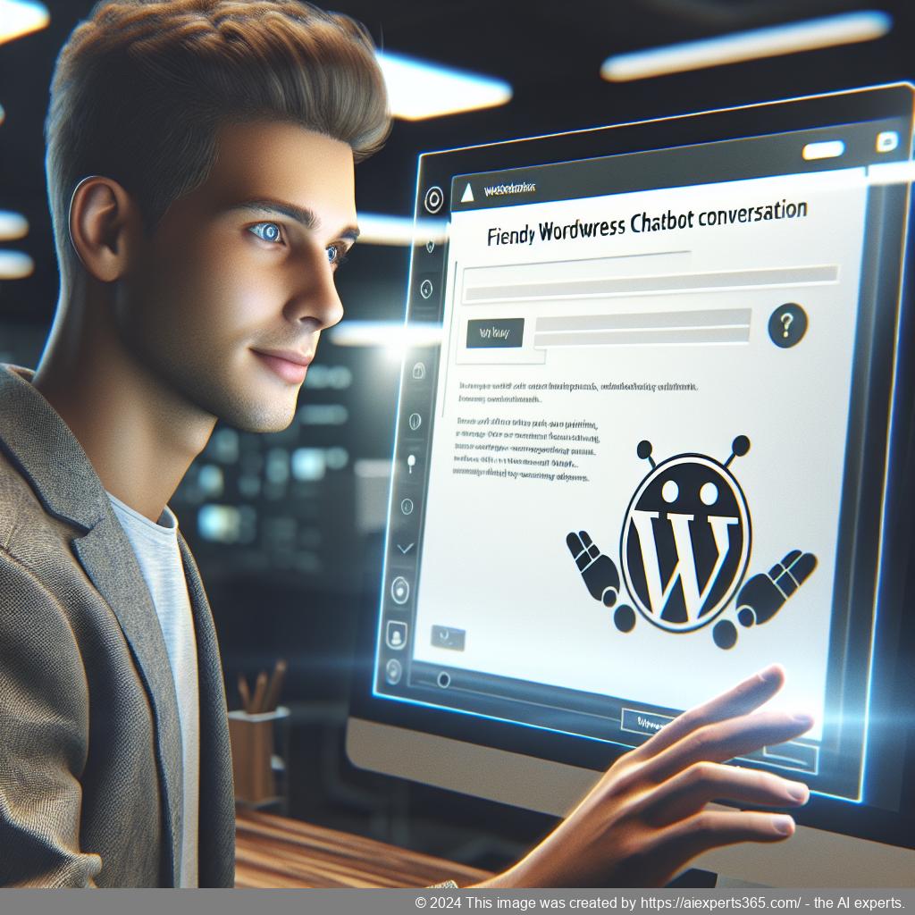 A professional setting showcasing a person interacting with a responsive WordPress chatbot interface on their computer screen.