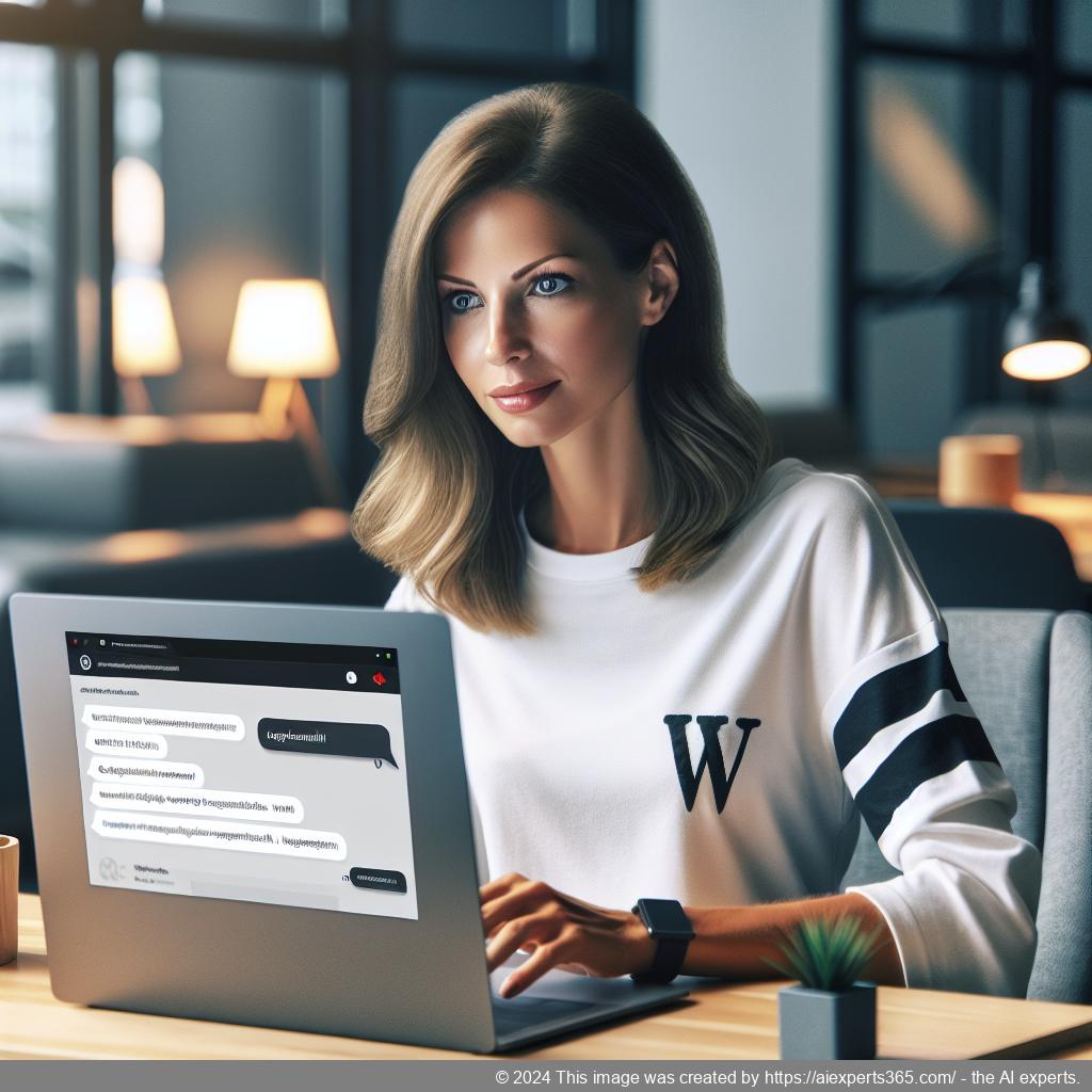 A professional-looking German woman interacting with an AI-driven WordPress chatbot on her laptop in an office setting.