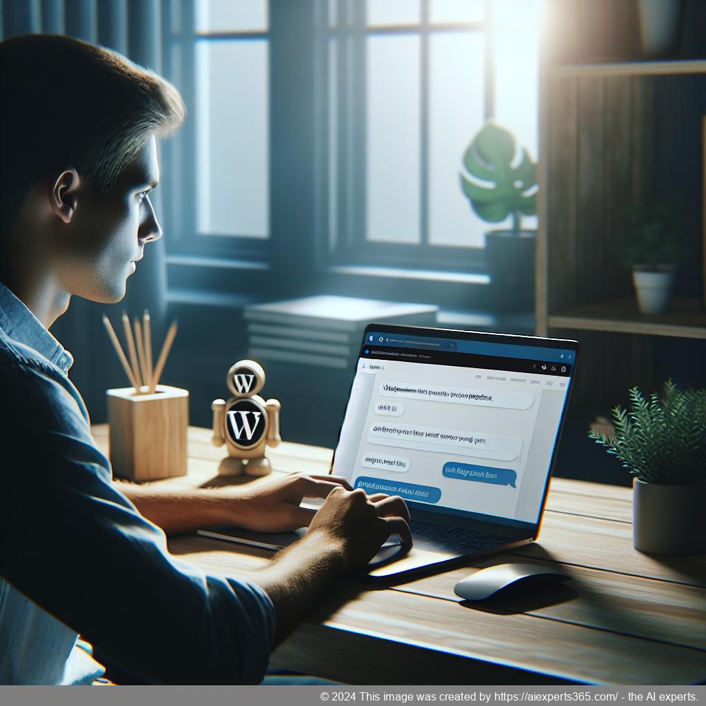 A visual representation of a person interacting with a WordPress Chatbot on their computer screen.