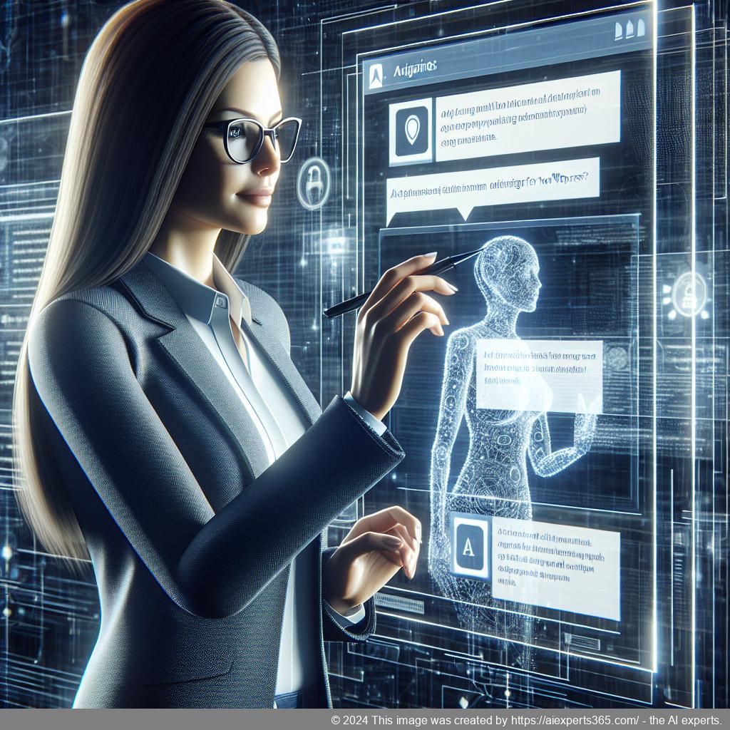 A professional woman interacting with a digital interface representing a WordPress chatbot, showcasing advanced technology in customer service.