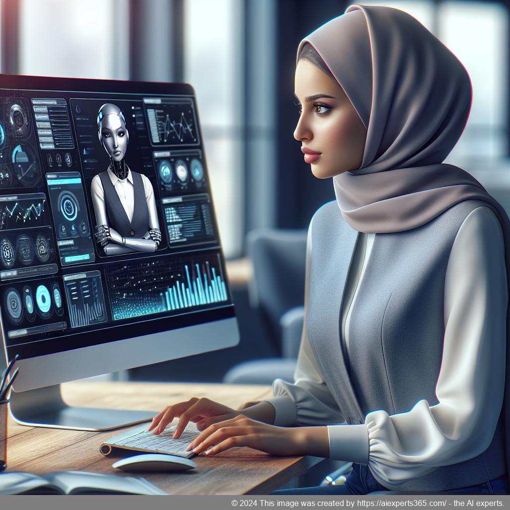 A visual representation of a professional setting where a person interacts with an AI-driven chatbot interface on a computer screen.