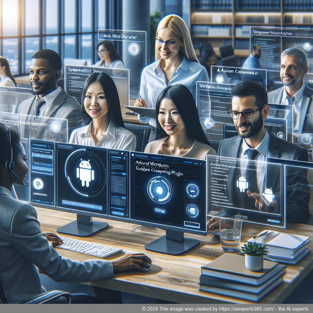 A visual representation of a modern office environment featuring professionals engaging with customers through a WordPress chatbot plugin.