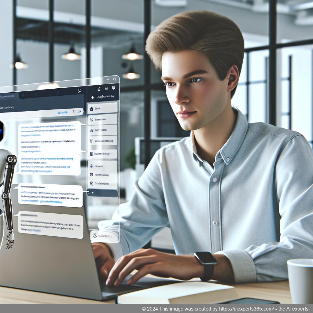 A professional setting showcasing a person interacting with a WordPress chatbot on their laptop, symbolizing enhanced customer engagement through technology.