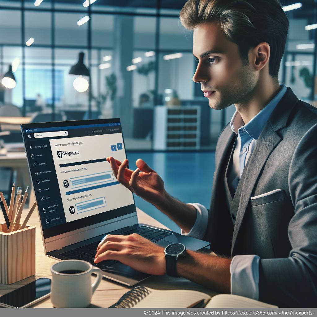 A professional setting showing a person interacting with a computer displaying a WordPress chatbot interface.