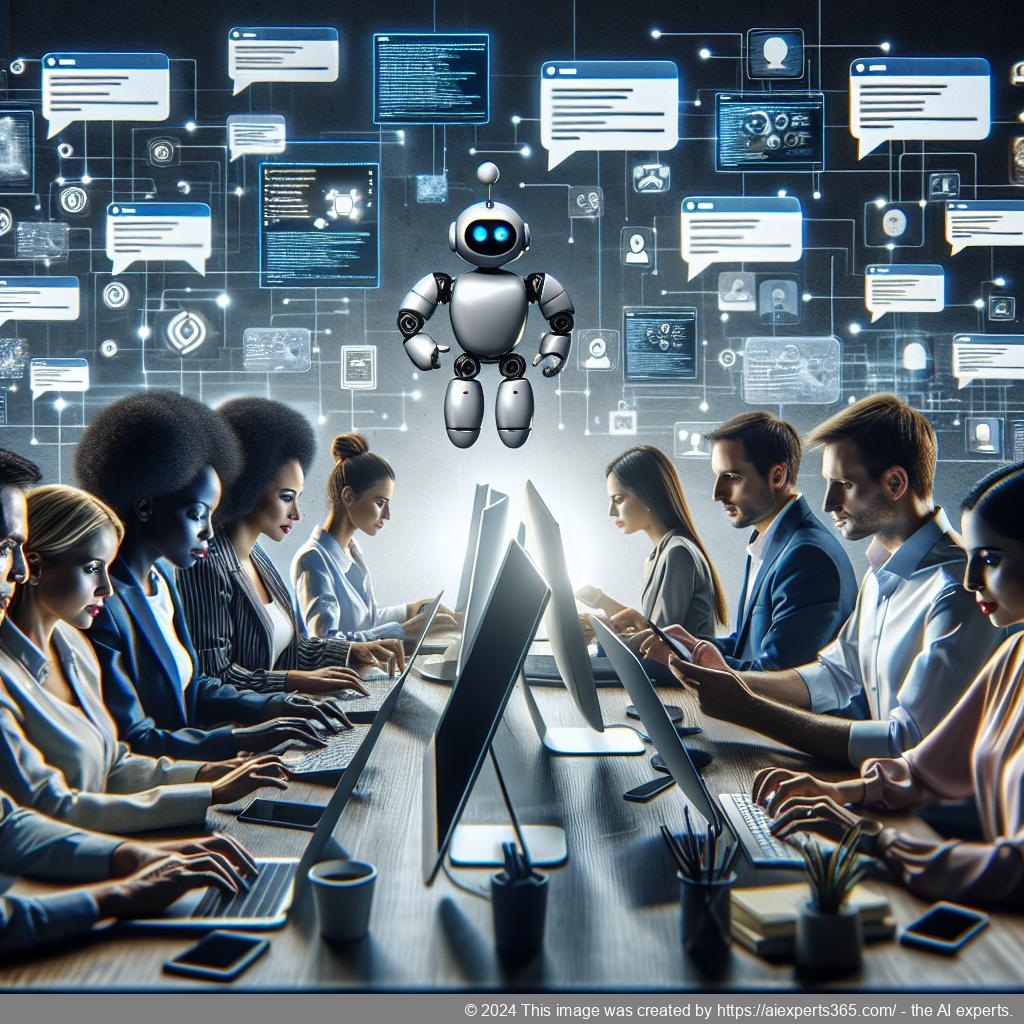 A professional setting showcasing diverse individuals interacting with a WordPress chatbot on various devices, illustrating enhanced customer engagement.