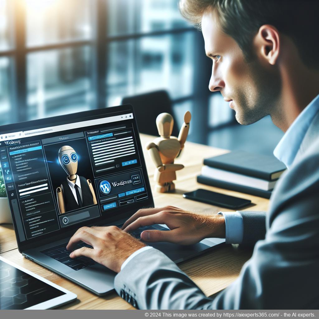 A professional setting showcasing a person interacting with a WordPress chatbot on their laptop screen.