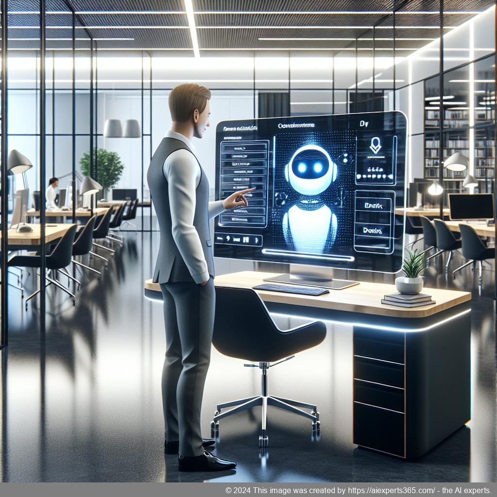 A modern office setting showcasing a professional German-speaking individual interacting with an AI-driven chatbot interface on a computer screen.