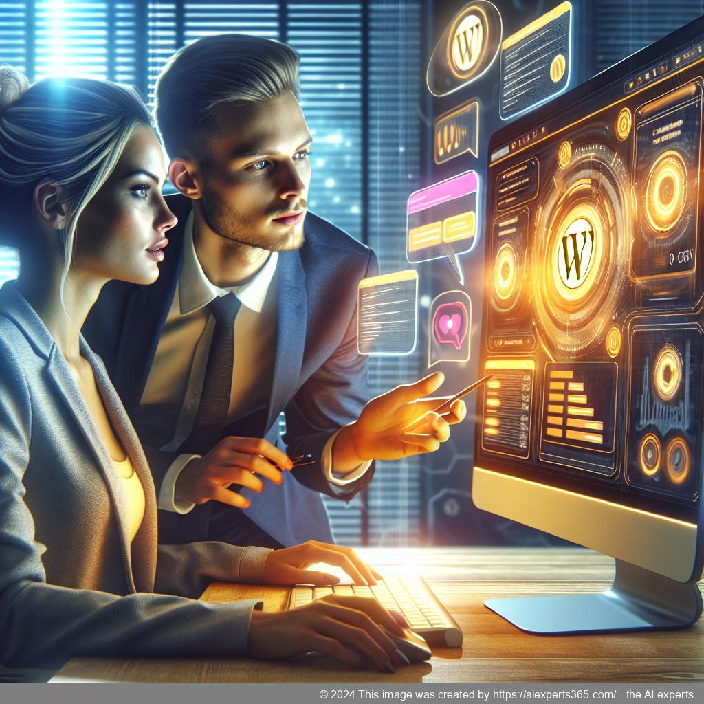 A professional-looking image showcasing a versatile WordPress chatbot plugin interface on a computer screen with engaged users interacting.