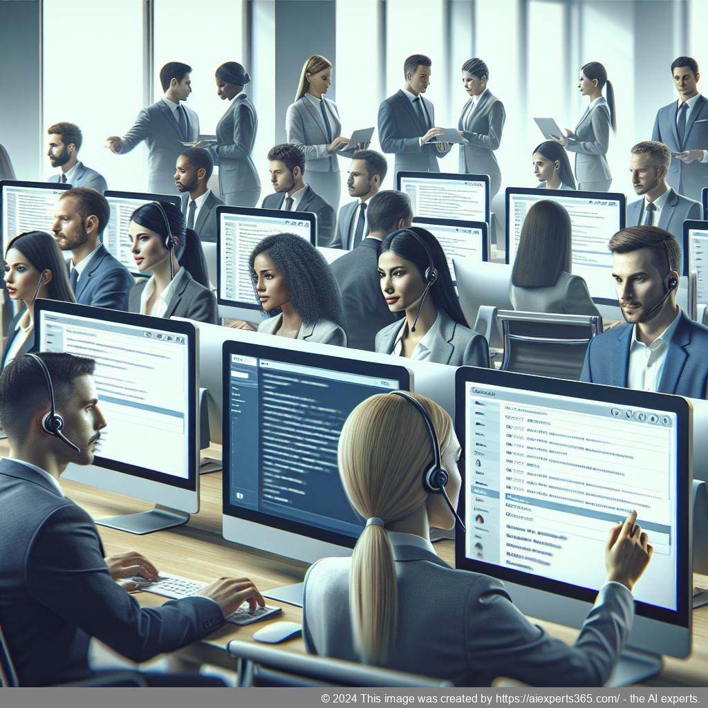 A professional setting showcasing a team using a WordPress chat plugin for enhancing customer service interactions.