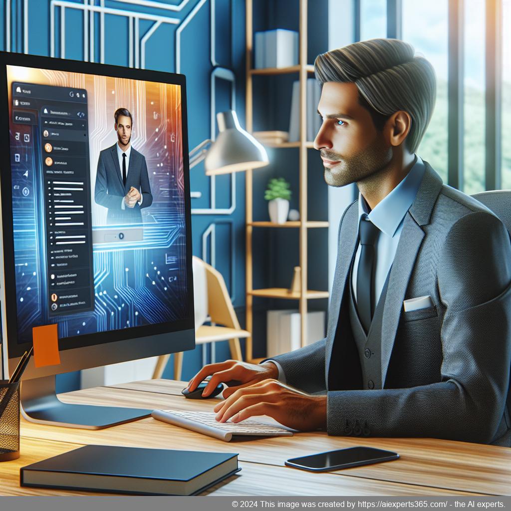 A professional setting showcasing a person interacting with a computer using a WordPress chat plugin for enhanced customer service.