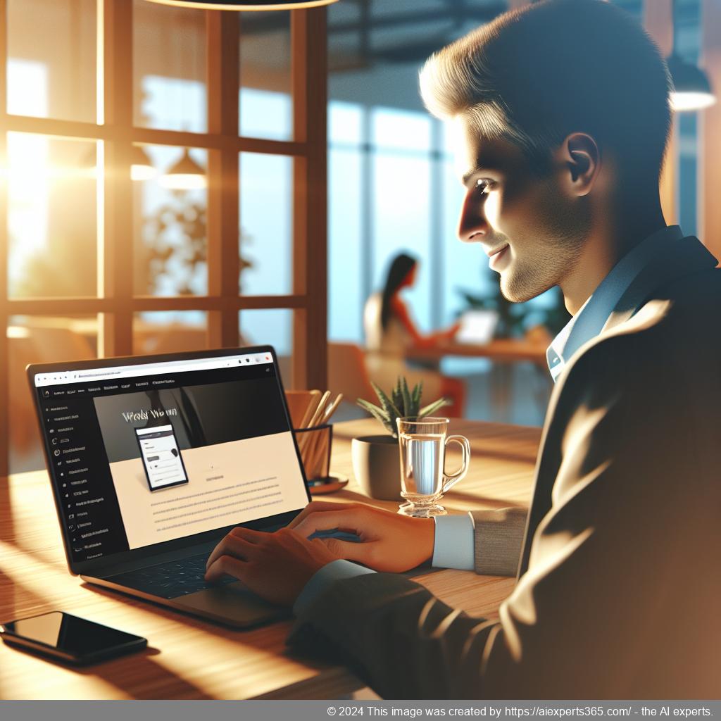 A person using a laptop with a WordPress site open featuring a chat plugin interface.