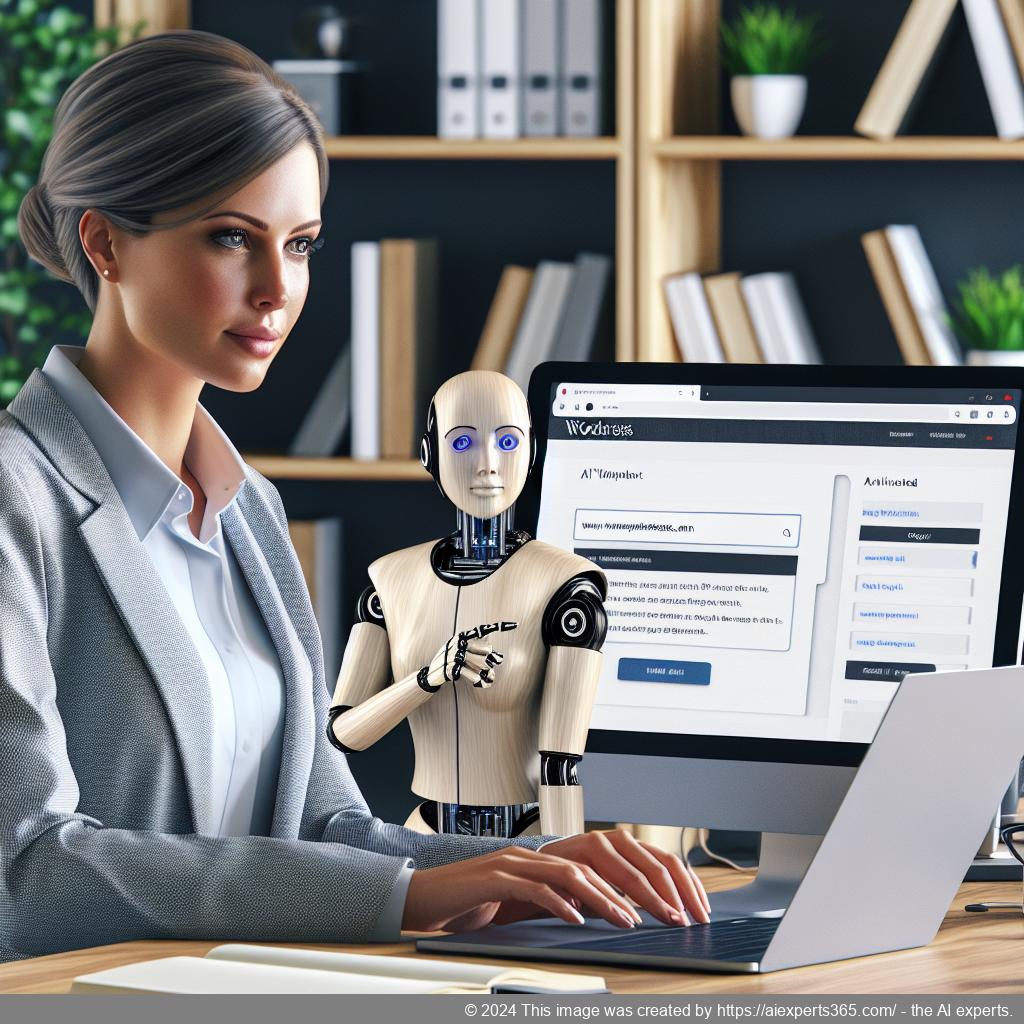 A professional woman using a laptop with an open WordPress website featuring a live chat interface powered by an AI chatbot.