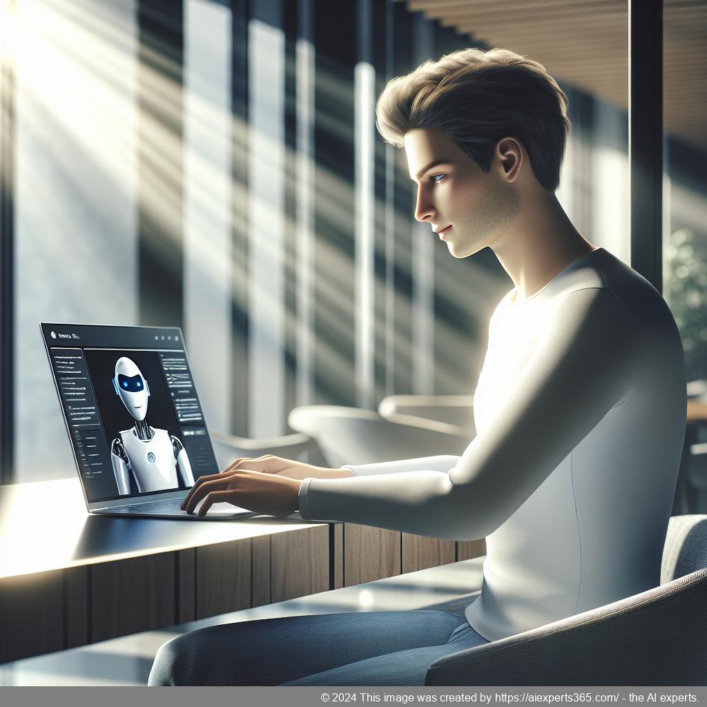 A visually engaging representation of a person interacting with a chatbot interface on a laptop screen.