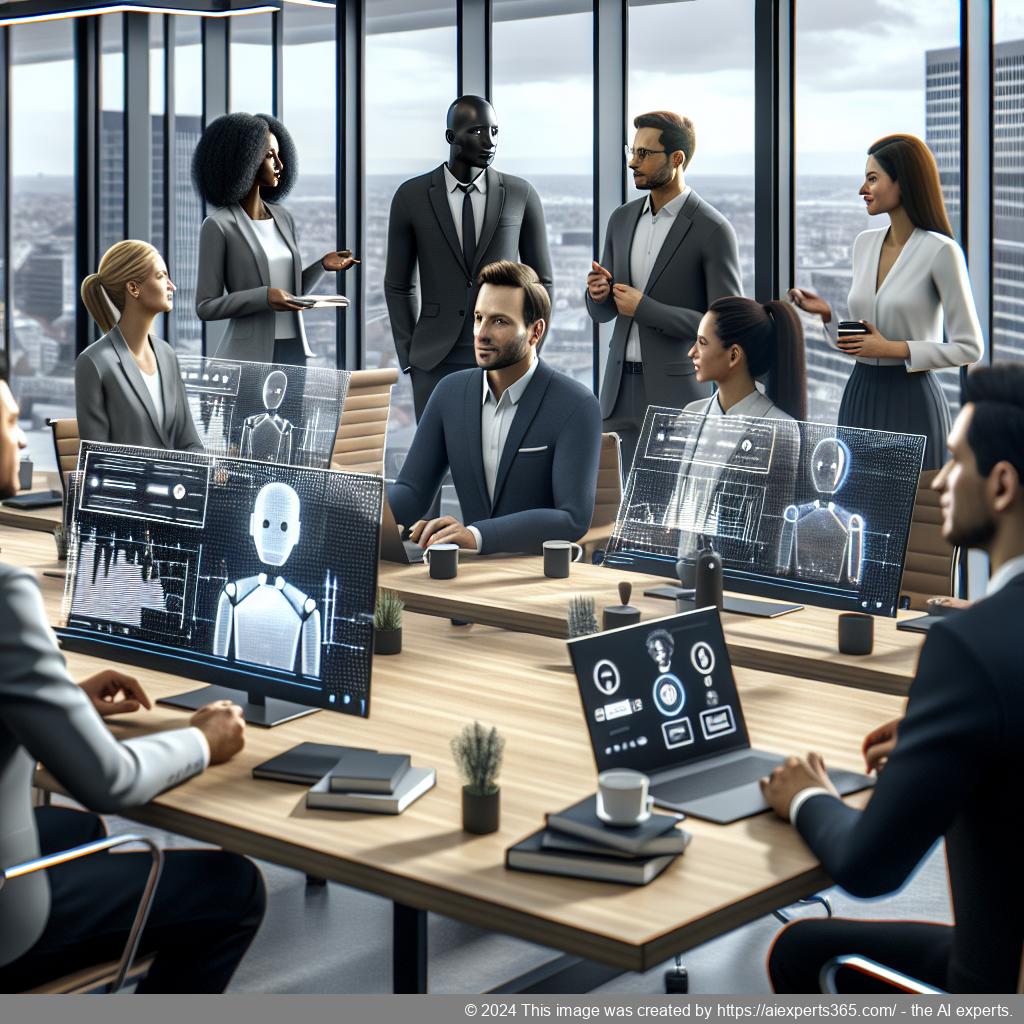 A professional setting showcasing a diverse team collaborating over technology solutions related to enhancing customer engagement through AI chatbots.