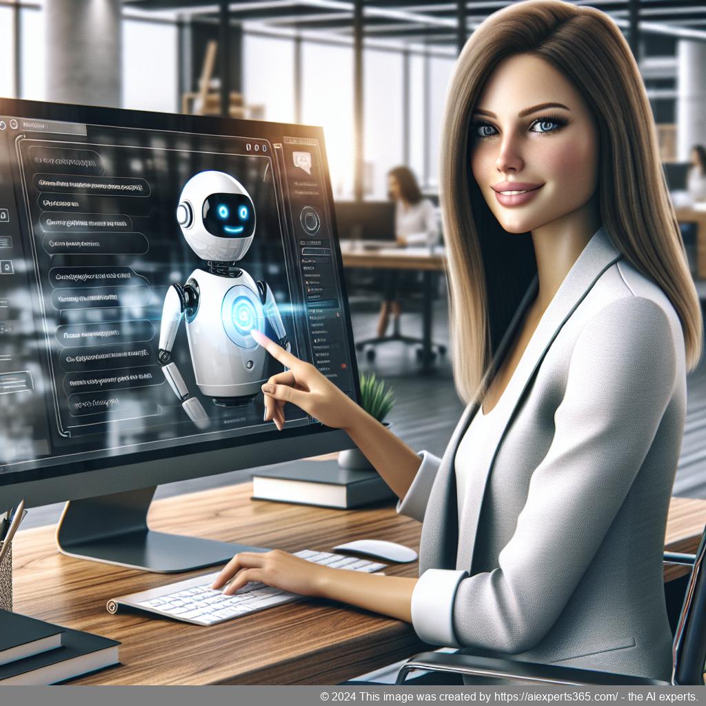 A professional-looking German businesswoman interacting with a computer displaying a WordPress ChatGPT chatbot interface.