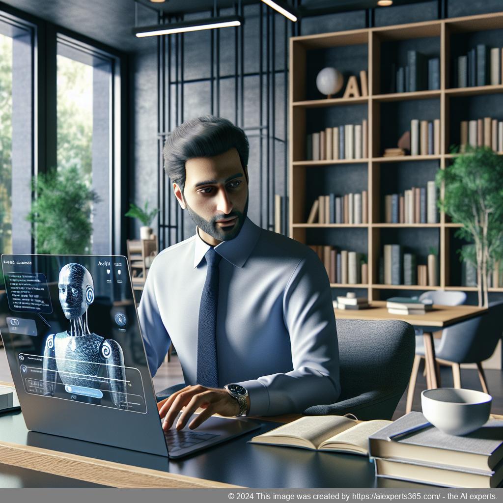 A professional-looking person interacting with a laptop displaying a WordPress ChatGPT chatbot interface, symbolizing enhanced customer engagement.