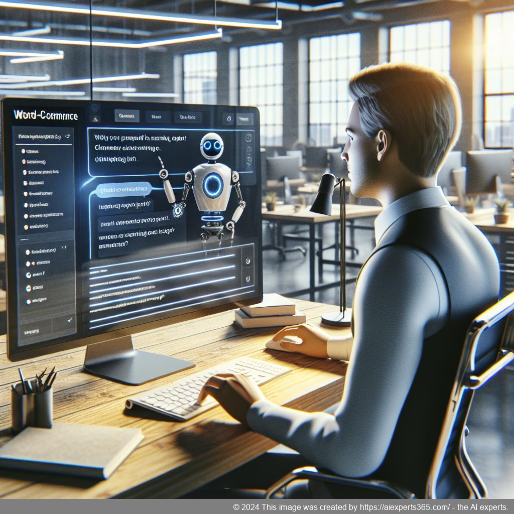 A modern workspace featuring a computer screen displaying an engaging chat interface powered by a WordPress ChatGPT chatbot for e-commerce.