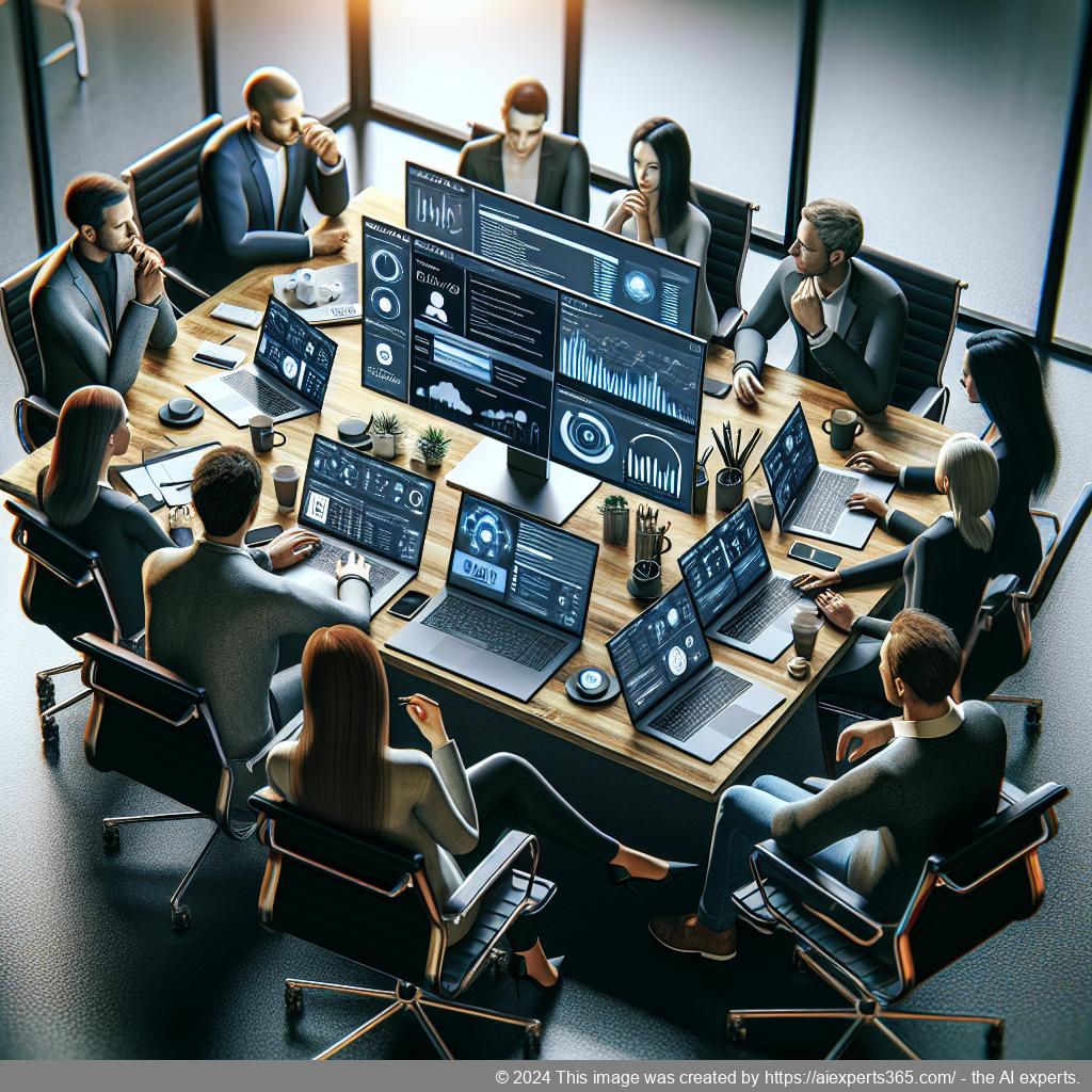 A professional team discussing strategies around a computer screen displaying a WordPress ChatGPT chatbot interface.