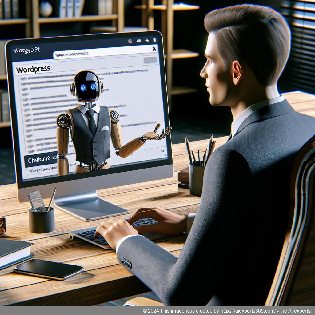 A professional setting showcasing a person interacting with a WordPress ChatGPT chatbot on a laptop, symbolizing enhanced online sales potential through AI-driven customer engagement.