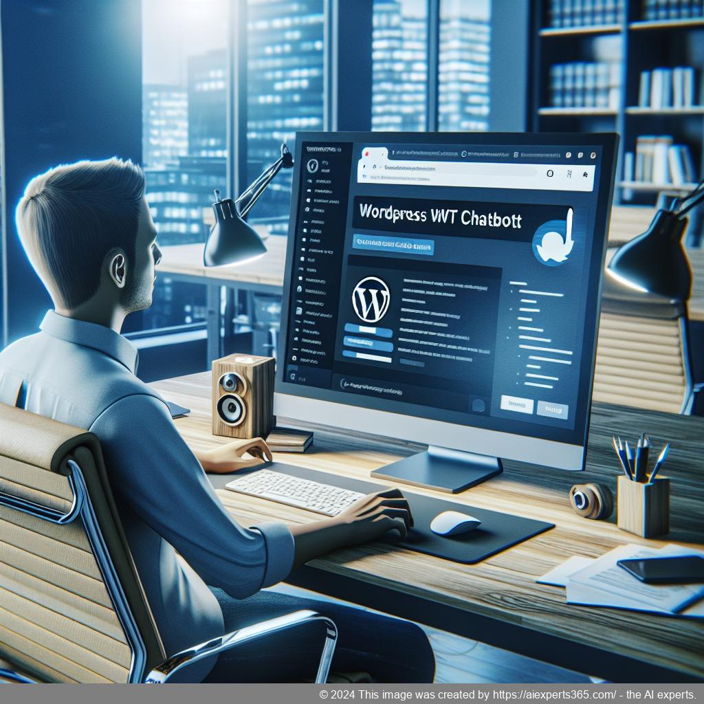 A professional setting showing a person interacting with a computer displaying a WordPress ChatGPT chatbot interface for enhanced customer service.