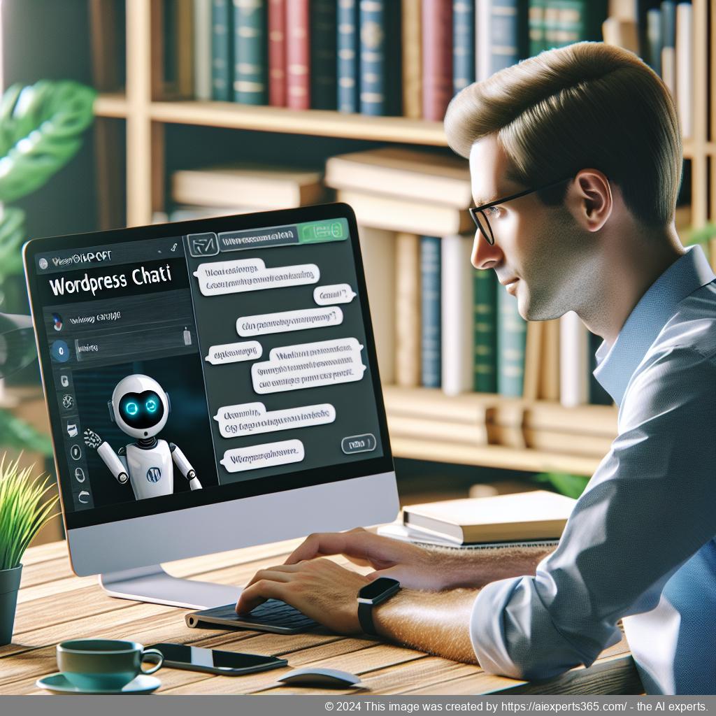 A professional setting showcasing a person interacting with a WordPress ChatGPT chatbot on a laptop screen.