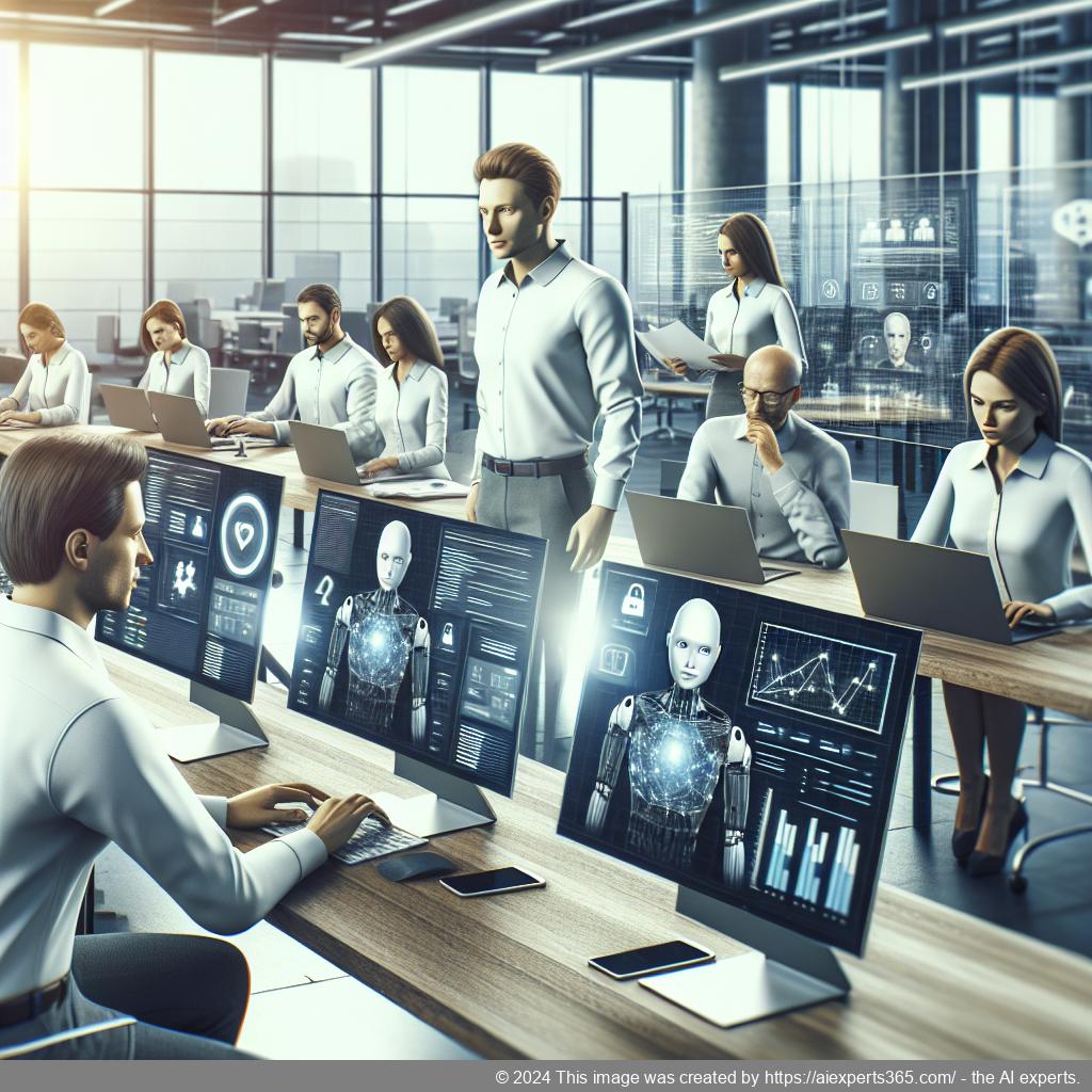 A professional setting showcasing a diverse team collaborating on implementing a WordPress ChatGPT chatbot for enhanced customer service.