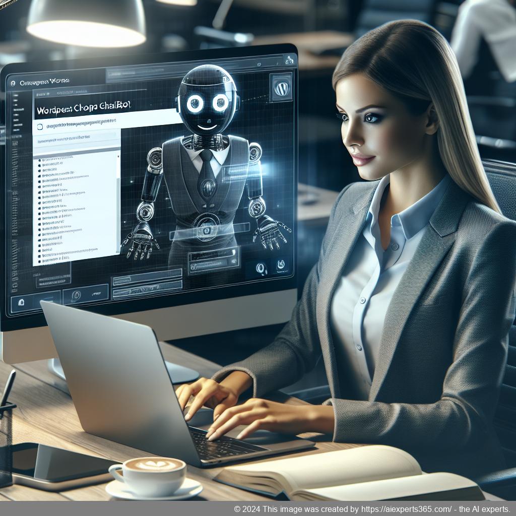 A professional showcasing a WordPress ChatGPT chatbot interface on a laptop screen, emphasizing enhanced customer engagement through AI technology.