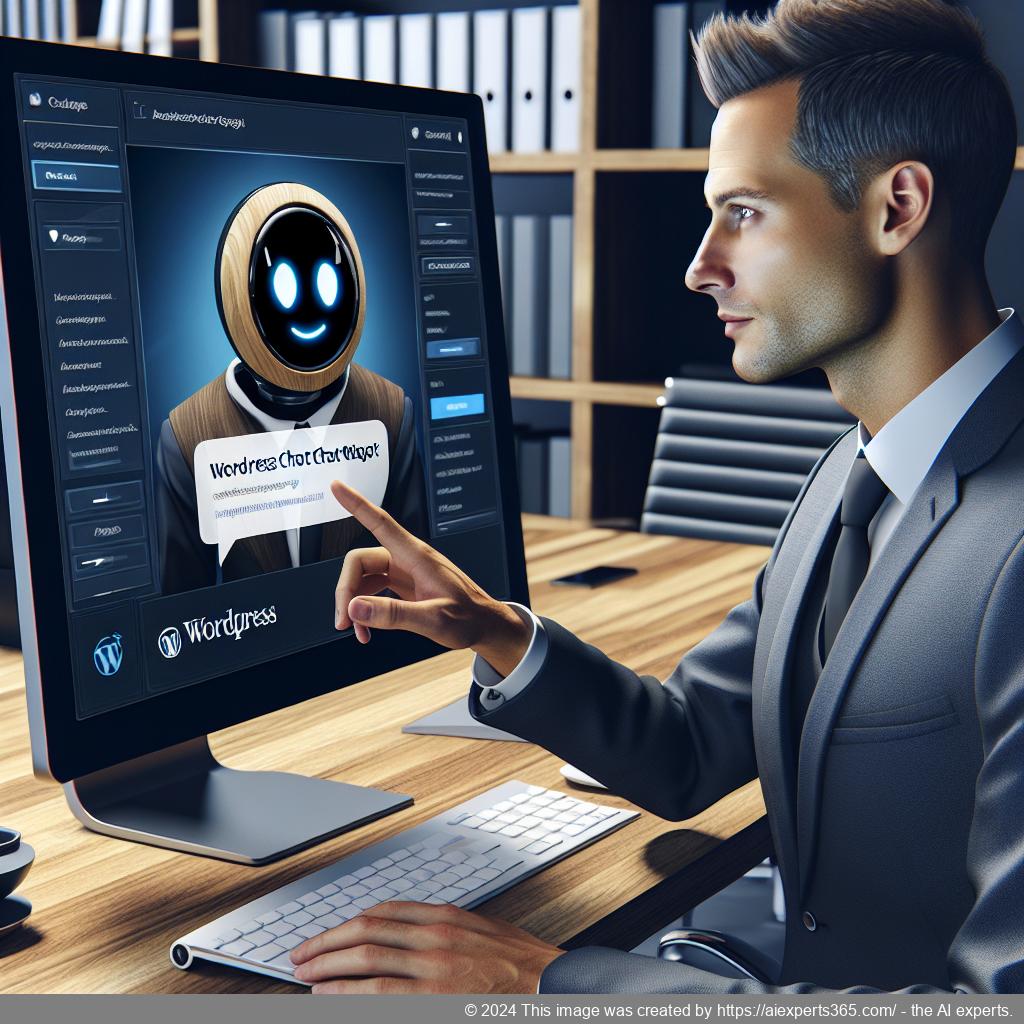 A professional setting showcasing a person interacting with a WordPress ChatGPT chatbot interface on a computer screen, symbolizing enhanced customer engagement through AI technology.